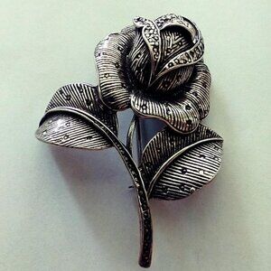 Vintage Rose Flower Brooch Silver Oxidized Metal Marked Sterling